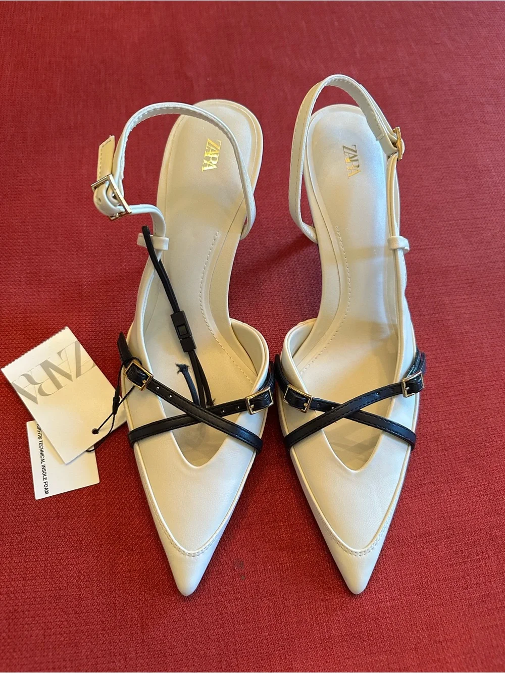 Zara Cream and Black Pointed Slingback Pumps with Buckle Strap NWT 7.5